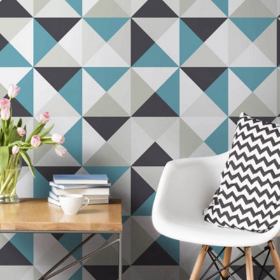 Superfresco Easy Polygone Blue/Noir Large Geometric Wallpaper