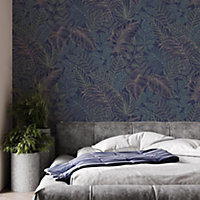 Superfresco Easy Scattered Leaves Blue/Copper Leaves Wallpaper