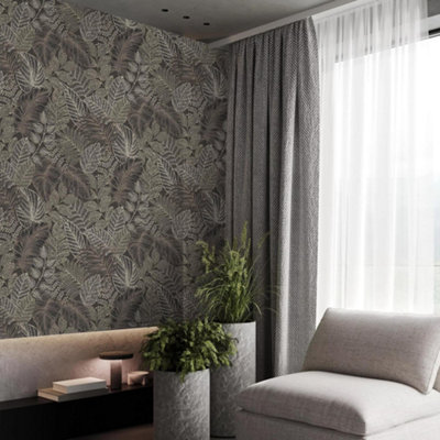 Superfresco Easy Scattered Leaves Charcoal/Gold Leaves Wallpaper | DIY ...