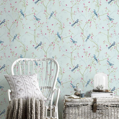 Superfresco Easy Songbird Tree & Butterfly Duck Egg Blue Wallpaper