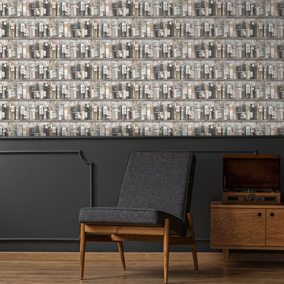 Superfresco Easy Vintage Bookcase Grey / Brown Wallpaper