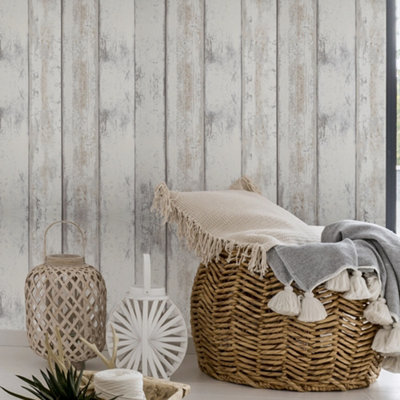 Superfresco Easy Wooden Panel Grey / White Wallpaper DIY at B&Q