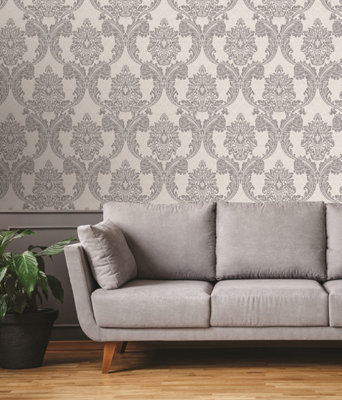Superfresco Regent Damask Textured Grey Glitter Wallpaper DIY at B&Q