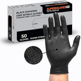 Superguard GB Black Disposable Diamond Grip Heavy Nitrile Tetragrab Gloves Box Of 50 AQL 1.5 - L