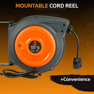 SuperHandy Cord Reel Retractable Extension Extra Long 20m (65ft) x 3G2.5mm²  H05VV-F 3200W Max Industrial Polypropylene SKU:GEUR009