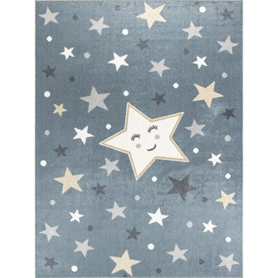 SUPERMAMA Kids Machine Washable Blue/Beige Bedroom Area Rug 120 x 170 cm
