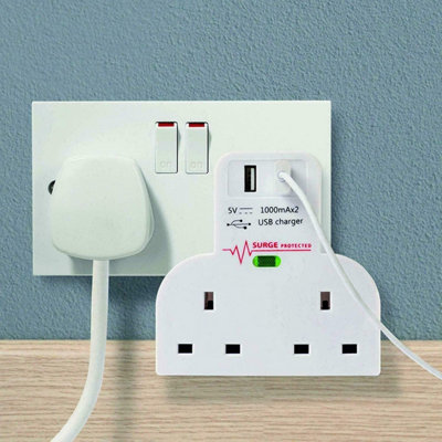 Surge Protected Double Socket Switch Plug 2 Gang Power Adapter Power 2 Usb Ports