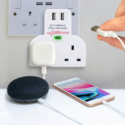 Surge Protected Double Socket Switch Plug 2 Gang Power Adapter Power 2 Usb Ports