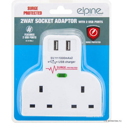 Surge Protected Double Socket Switch Plug 2 Gang Power Adapter Power 2 Usb Ports