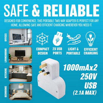 Surge Protected Double Socket Switch Plug 2 Gang Power Adapter Power 2 Usb Ports - 3