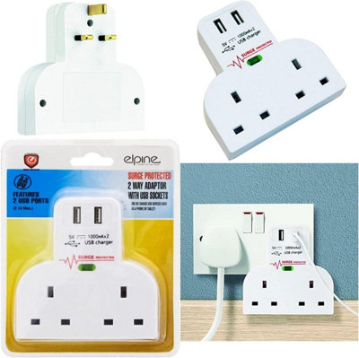 Surge Protected Double Socket Switch Plug 2 Gang Power Adapter Power 2 Usb Ports