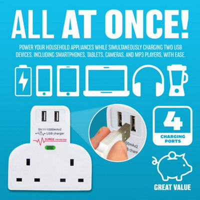 Surge Protected Double Socket Switch Plug 2 Gang Power Adapter Power 2 Usb Ports - 4