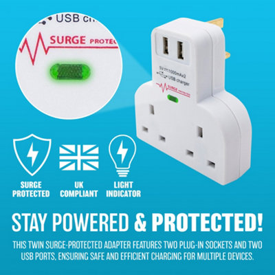 Surge Protected Double Socket Switch Plug 2 Gang Power Adapter Power 2 Usb Ports - 5
