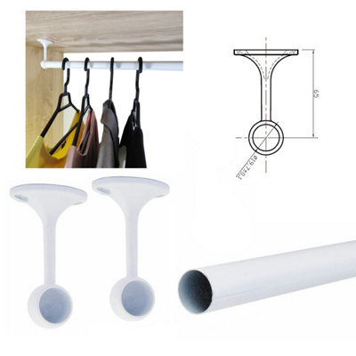 Suspended Round Wardrobe Rail Hanging Tube Pipe 1000mm White Set with End Brackets