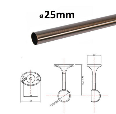Suspended Round Wardrobe Rail Hanging Tube Pipe 1100mm Antique Copper Set with End Brackets