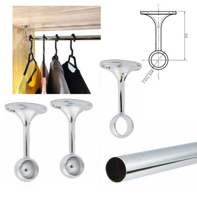 Suspended Round Wardrobe Rail Hanging Tube Pipe 1200mm Chrome Set with End Brackets