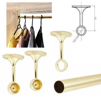 Suspended Round Wardrobe Rail Hanging Tube Pipe 1200mm Polished Gold Set with End Brackets