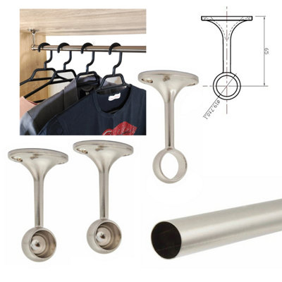 Suspended Round Wardrobe Rail Hanging Tube Pipe 1300mm Brushed Chrome Set with End Brackets