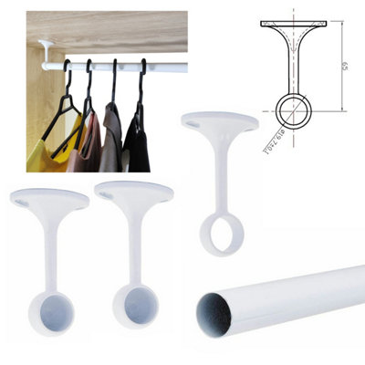 Suspended Round Wardrobe Rail Hanging Tube Pipe 1300mm White Set with End Brackets