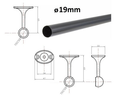 Suspended Round Wardrobe Rail Hanging Tube Pipe 1500mm Chrome Set with ...