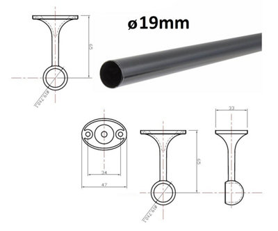 Suspended Round Wardrobe Rail Hanging Tube Pipe 1600mm Black Matt Set with End Brackets
