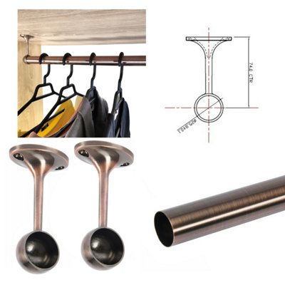 Suspended Round Wardrobe Rail Hanging Tube Pipe 300mm Antique Copper Set with End Brackets