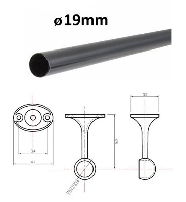 Suspended Round Wardrobe Rail Hanging Tube Pipe 600mm Black Matt Set with End Brackets