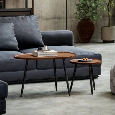 Suta Noni Chestnut Wood-Effect and Matte Black Metal Nesting Coffee Tables Set of 2 80 cm