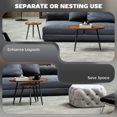 Suta Noni Chestnut Wood-Effect and Matte Black Metal Nesting Coffee Tables Set of 2 80 cm