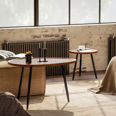 Suta Noni Chestnut Wood-Effect and Matte Black Metal Nesting Coffee Tables Set of 2 80 cm