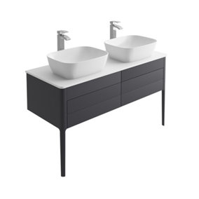 Sutton Blue-Grey Floor Standing Double Basin Bathroom Vanity Unit with Pre-drilled Tap Hole Worktop (W)1180mm (H)700mm