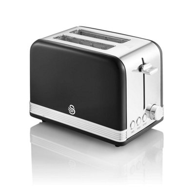 Swan 2 Slice Retro Toaster, Black, Defrost, Cancel and Reheat Functions, Slide Out Crumb Tray, ST19010BN