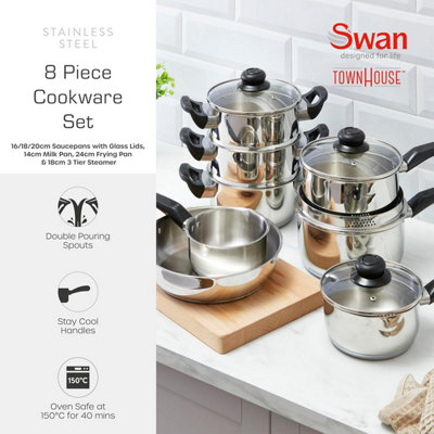 Swan Cookware Set Townhouse Saucepan Frying Pan Steamer Stainless Steel ...
