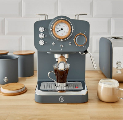 Swan Espresso Machine 15 Bars of Pressure Milk Frother 1.2L Tank Scandi Style SK22110GRYN Nordic