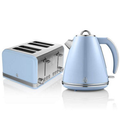 Swan Retro Blue Kettle and 4 Slice Toaster Set | DIY at B&Q