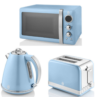 Swan Retro Blue Kitchen Appliance Set: Kettle, Toaster & Microwave