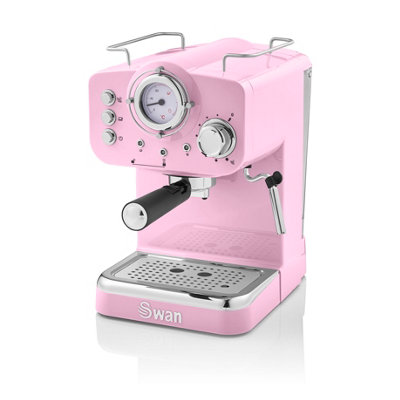 Swan Retro Pump Espresso Coffee Machine Pink 15 Bars of Pressure Milk Frother 1.2L Tank