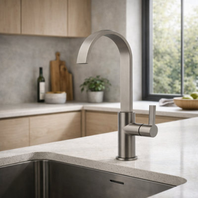 Swan Spout Hot Water Tap Brushed Steel - Single Lever Mixer Tap Only ...