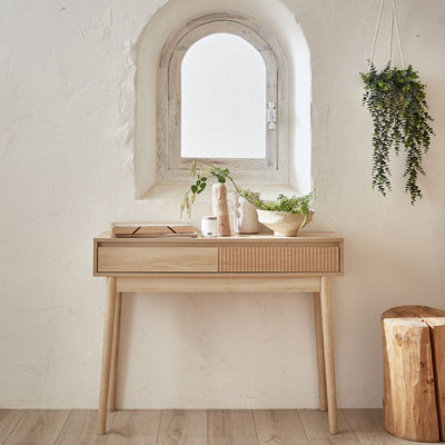 sweeek. 100cm console table with grooved wooden detail Linear Natural 100x30x75 cm