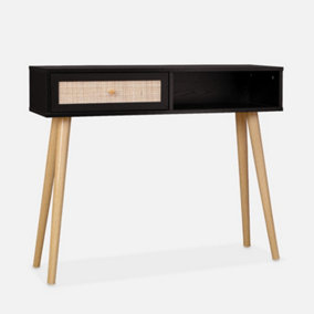 sweeek. 100cm wood and cane decor console table Boheme Black 100x29x81 cm