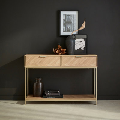 sweeek. 110cm herringbone console table with 2 drawers Budapest Natural 110x35x75 cm