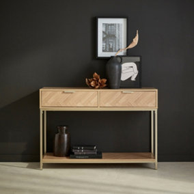 sweeek. 110cm herringbone console table with 2 drawers Budapest Natural 110x35x75 cm