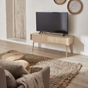 sweeek. 115cm TV unit grooved wood detail 2 doors Linear Natural 115x40x48 cm
