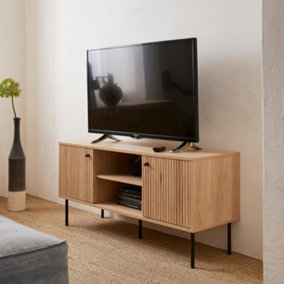 sweeek. 120cm TV unit grooved wooden effect 2 doors Braga Natural 120x39x56.2 cm