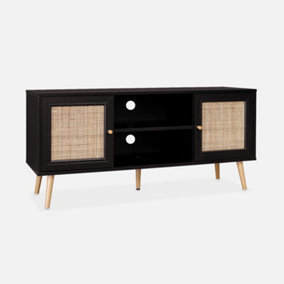 sweeek. 120cm TV unit wooden and cane effect 2 doors Boheme Black 120x39x56.5 cm
