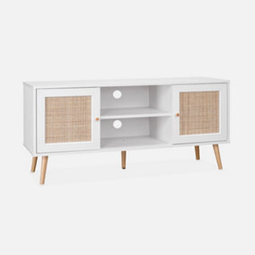 sweeek. 120cm TV unit wooden and cane effect 2 doors Boheme Blanc cassé 120x39x56.5 cm