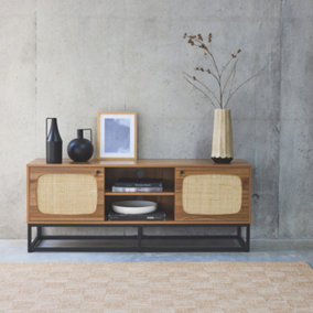 sweeek. 140cm TV unit wooden effect and rounded cane 2 doors Retro Natural 140x40x55 cm