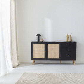 sweeek. 150cm scandi-style wooden and cane effect sideboard Boheme Black 150x39x79 cm
