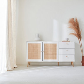 sweeek. 150cm scandi-style wooden and cane effect sideboard Boheme Blanc cassé 150x39x79 cm