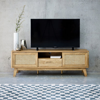 sweeek. 150cm TV unit with sliding doors closed locker wood and cane ...
